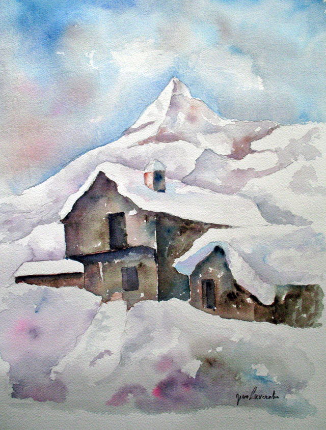 Le chalet dans les Alpes Chalet dans les Alpes - Aquarelle de Jean Lavernhe