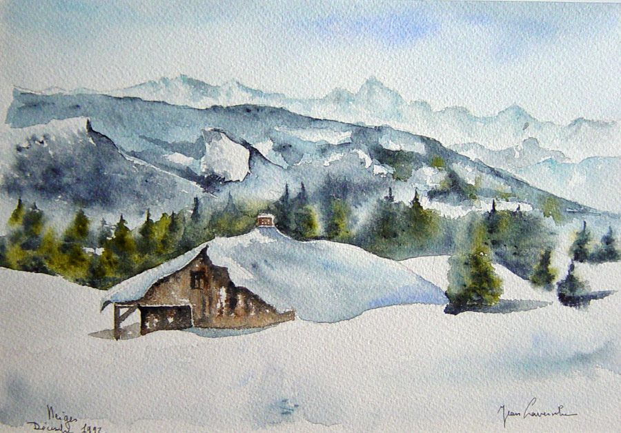 Le chalet haut perché dans les Alpes Chalet dans les Alpes - Aquarelle de Jean Lavernhe