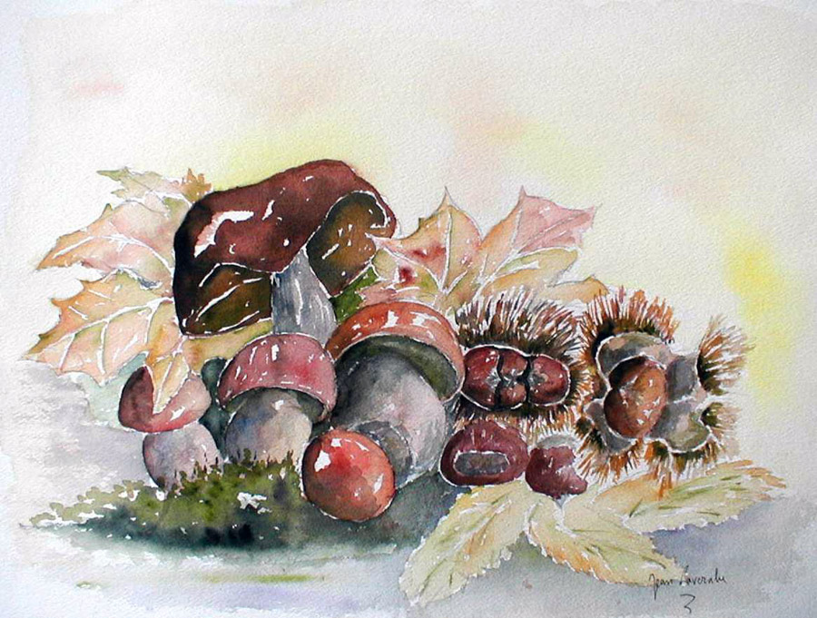 Parfums d'automne et champignons - Aquarelle de Jean Lavernhe