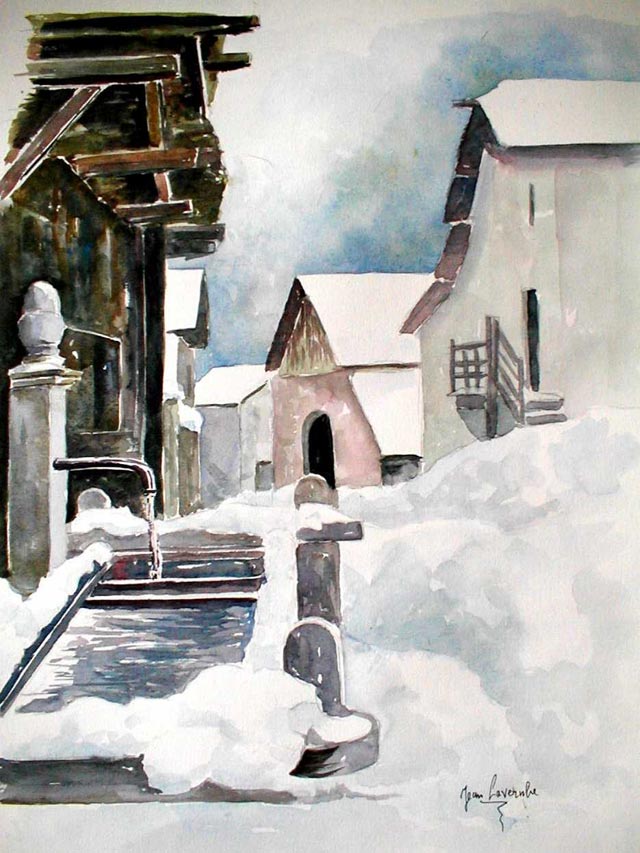 La fontaine sous la neige La fontaine sous la neige - Aquarelle de Jean Lavernhe
