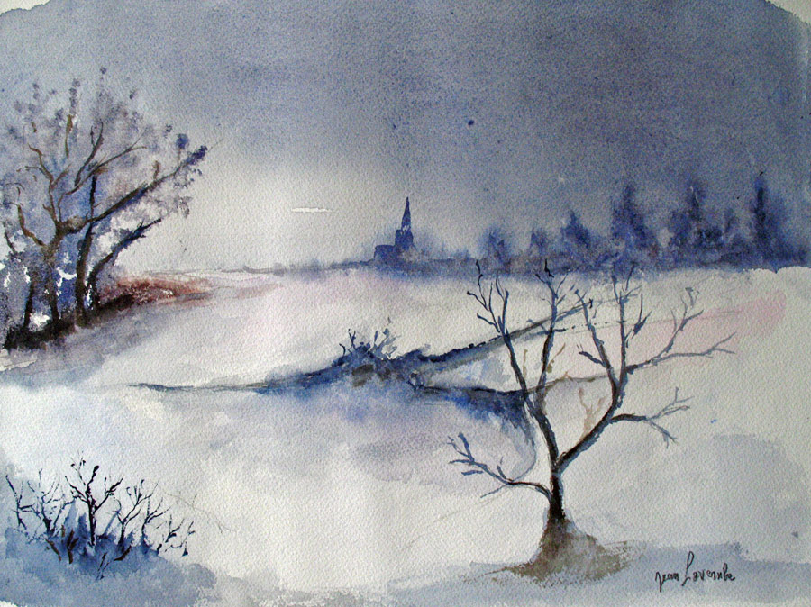 Sous la grisaille de l'hiver Paysage d'hiver - Aquarelle de Jean Lavernhe