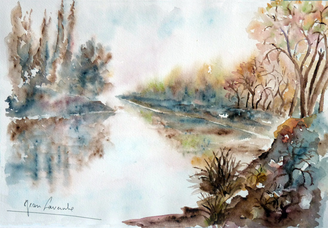 Lumières d'automne sur le marais Lumières d'automne sur le marais - Aquarelle de Jean Lavernhe