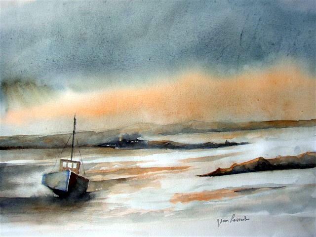 Echouage à marée basse - Aquarelle de Jean Lavernhe