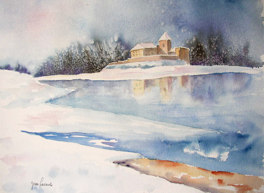 Le manoir Alpin sous la neige - Aquarelle de Jean Lavernhe