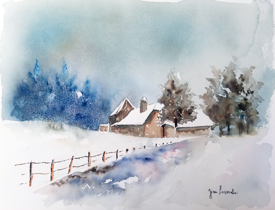 L'orphelinat sous la neige - Aquarelle de Jean Lavernhe