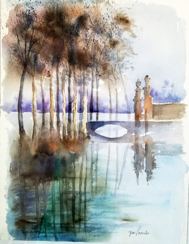 Le pont sous la brume. Aquarelle de J.LAVERNHE