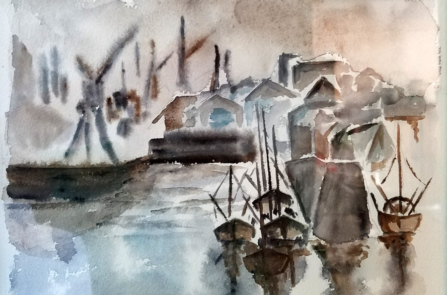 Port et industrie - Aquarelle de Jean Lavernhe