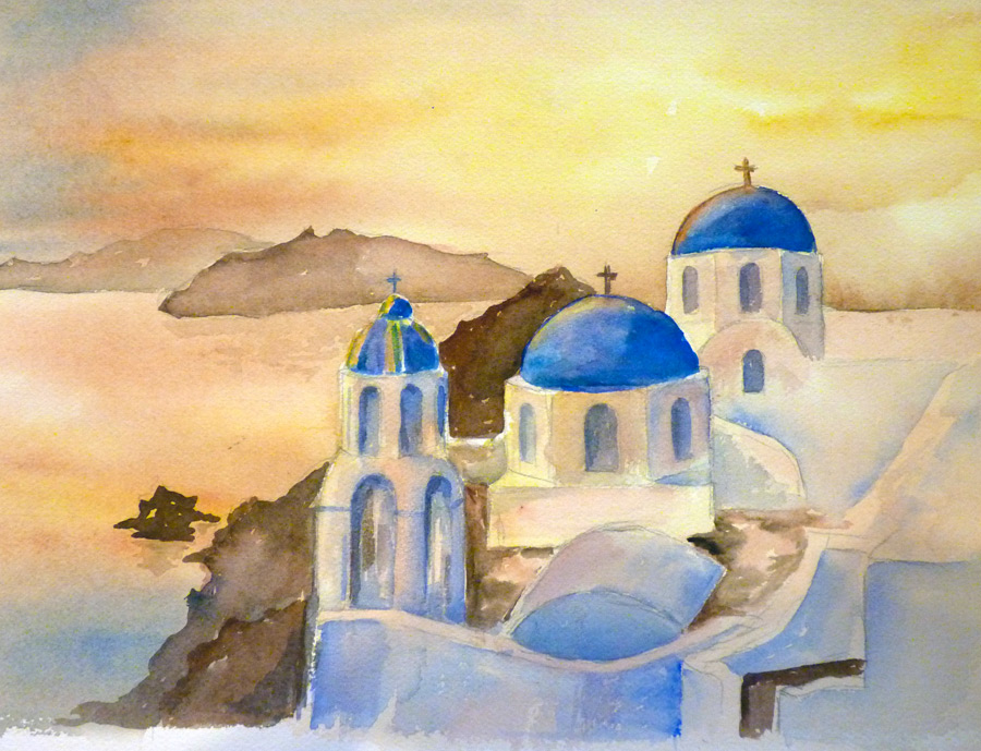 Santorin et ses coupoles bleues  - Aquarelle de Jean Lavernhe