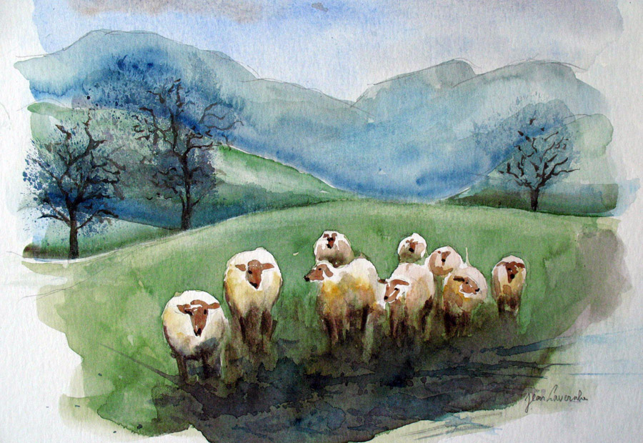Les brebis Les brebis - Aquarelle de J. Lavernhe