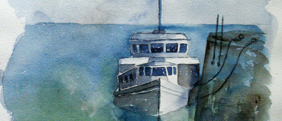 Bateau au port - Aquarelle de Jean Lavernhe