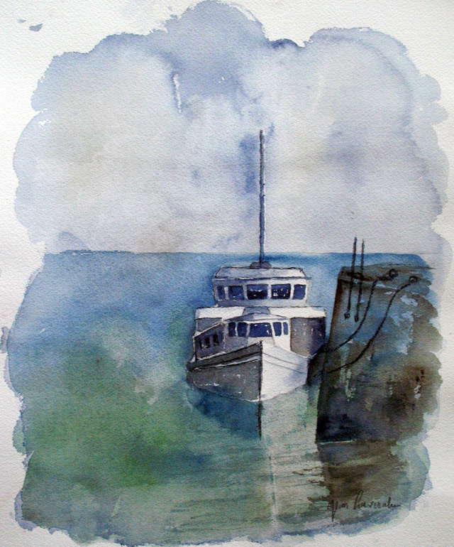 Bateau à quai Bateau à quai - Aquarelle de J. Lavernhe