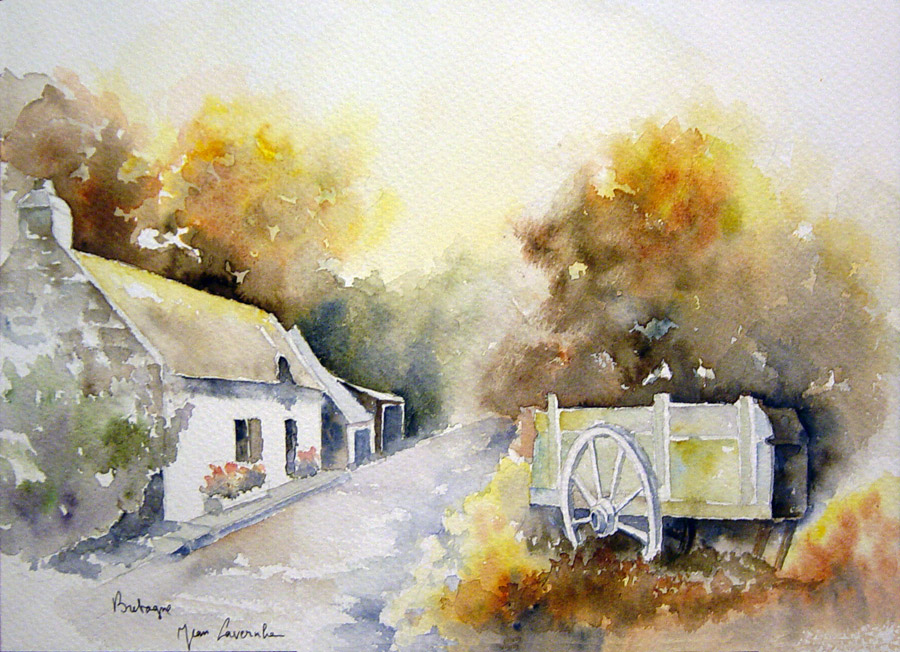 La Bretagne : chaumière et charette La Bretagne : chaumière et charette - Aquarelle de J. Lavernhe