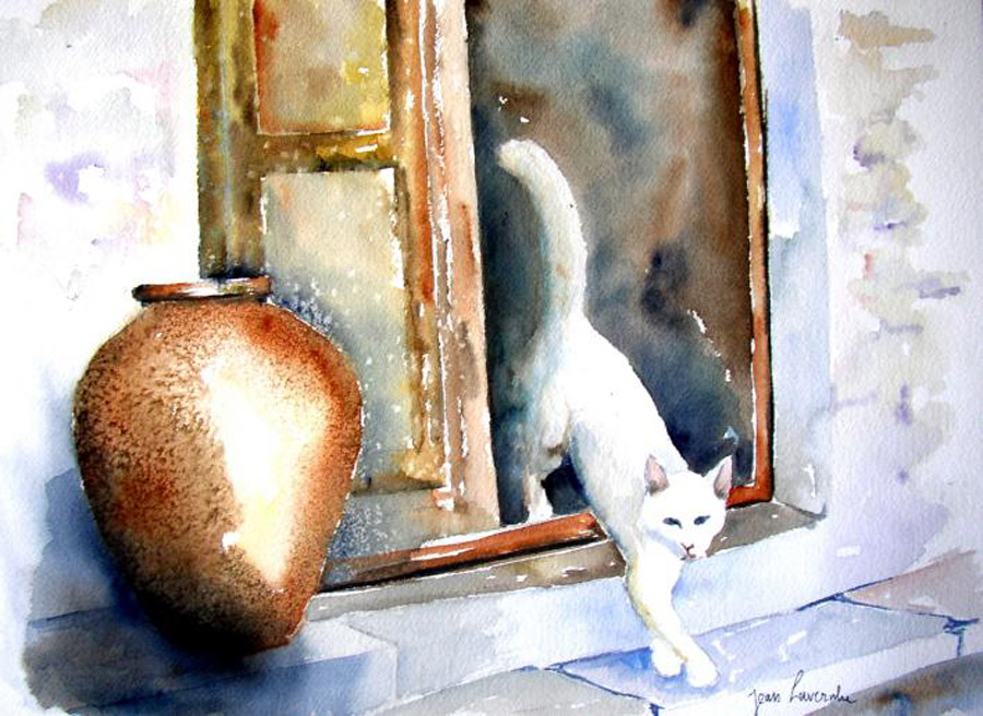 Le chat blanc - Aquarelle de J. Lavernhe