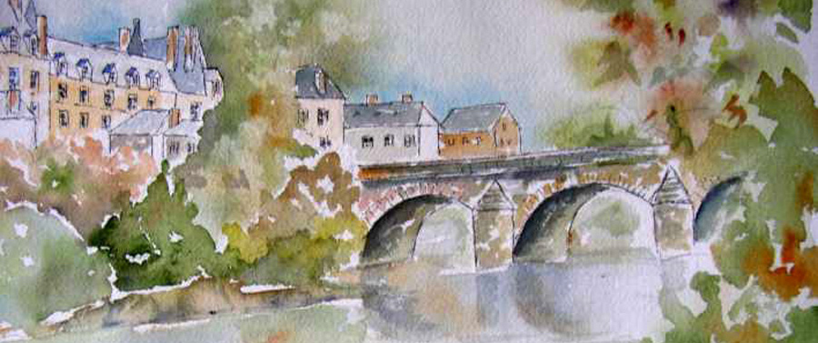 Le château de Durtal sur le Loir  - Aquarelle de J. Lavernhe