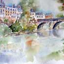 Le château de Durtal sur le Loir. Aquarelle de J. Lavernhe.