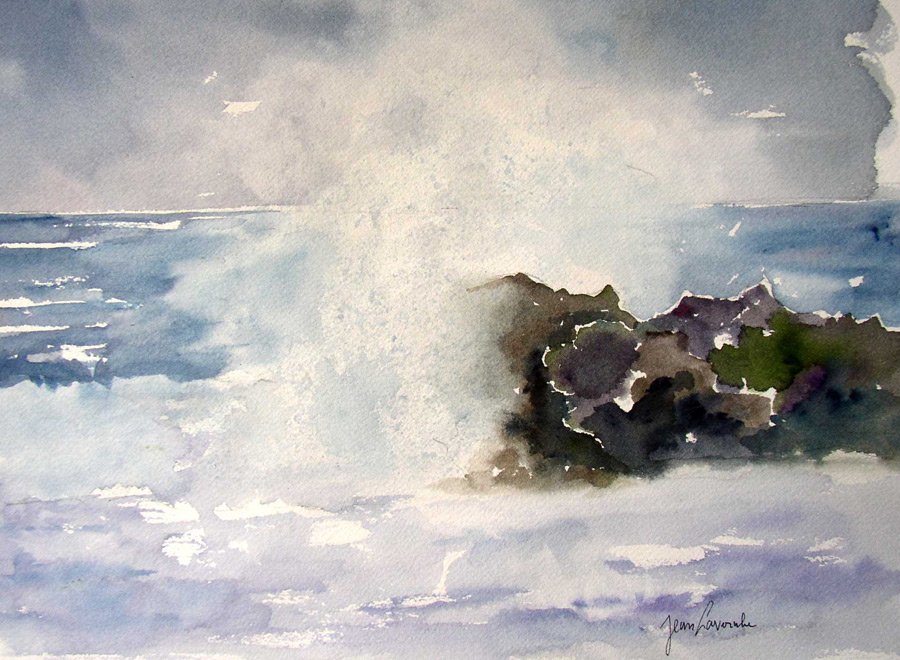 Rochers sous la vague - Aquarelle de J. Lavernhe