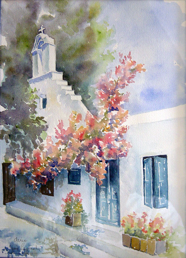 Monastère grec et bougainvillées - Aquarelle de J. Lavernhe