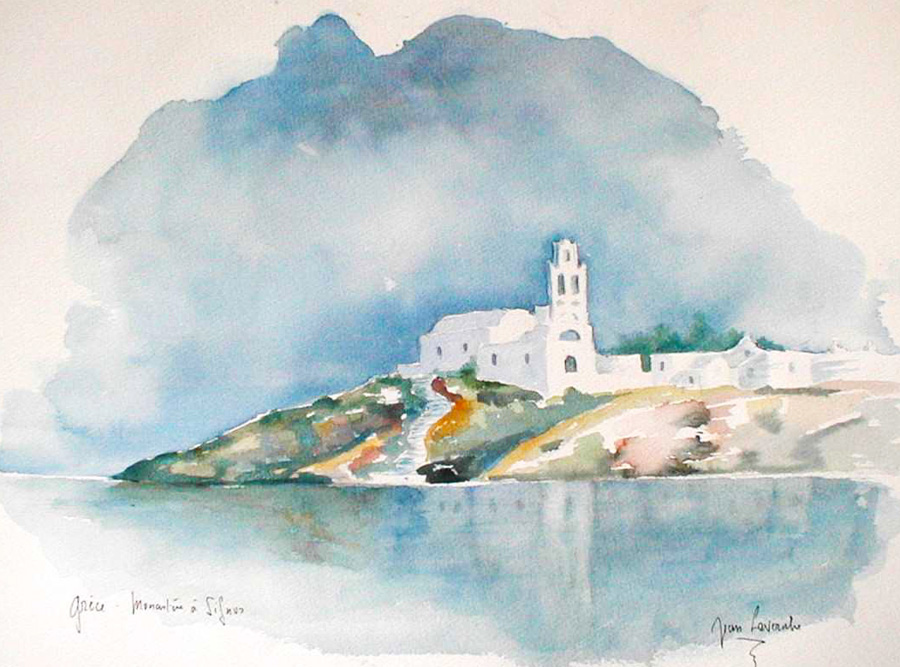 Monastère grec à Sifnos - Aquarelle de J. Lavernhe