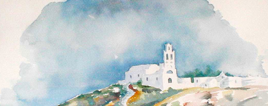 Monastère dans les iles Grècques - Aquarelle de Jean Lavernhe