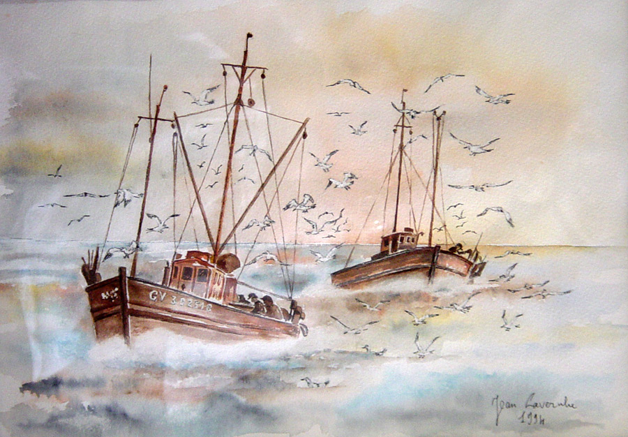 Bateaux de pêche en Bretagne - Aquarelle de J. Lavernhe