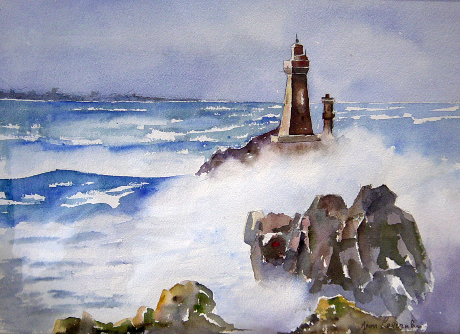 Bretagne et phare sous le vent rugissant La Bretagne et un phare sous le vent rugissant - Aquarelle de J. Lavernhe