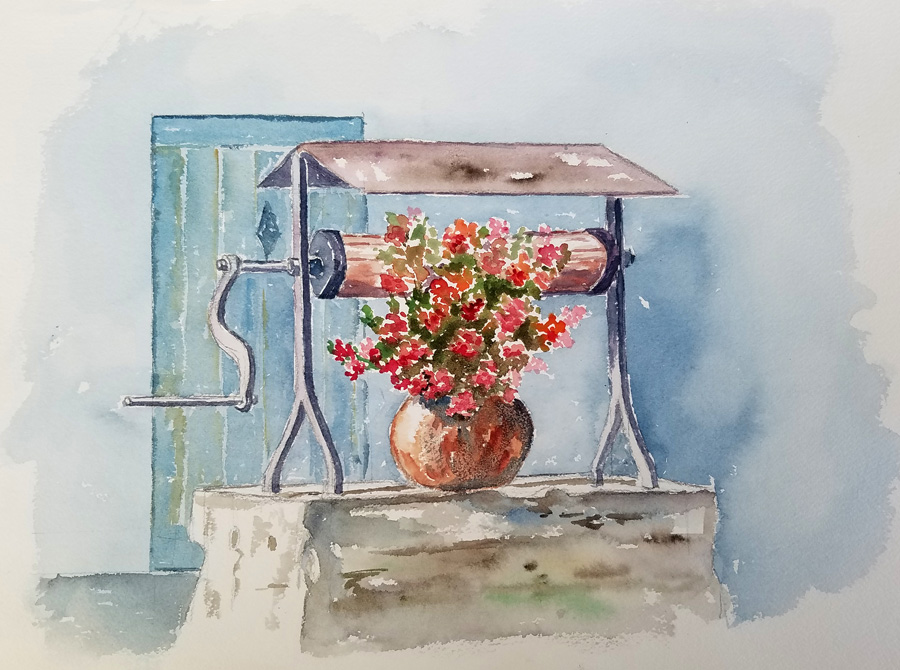Le vieux treuil décoratif Le vieux treuil - Aquarelle de J. Lavernhe