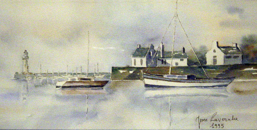La Bretagne : Un port et son phare - Aquarelle de J. Lavernhe Un port breton et son phare