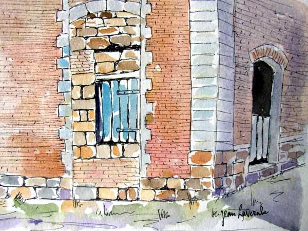 Aquarelle de J. Lavernhe Construction de pierres, de briques et de... broc !
