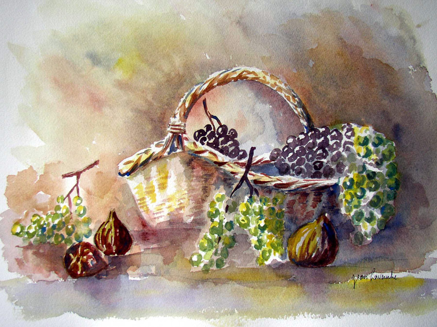 La corbeille de fruits d'automne : Aquarelle de Jean LAVERNHE La corbeille de fruits d'automne