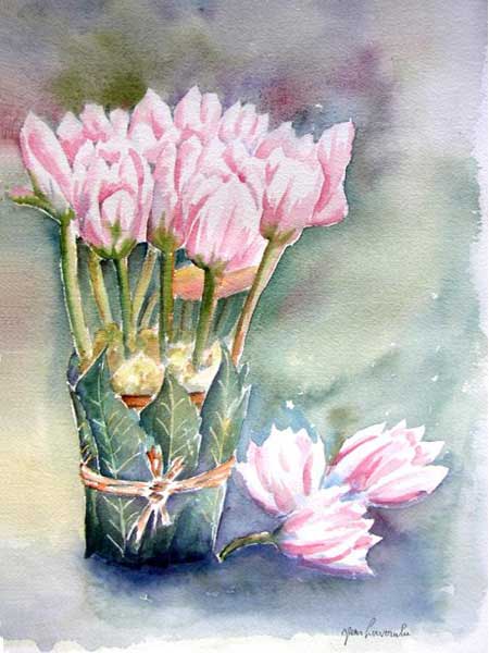 Le bouquet de tulipes - Aquarelle de J. Lavernhe Le bouquet de tulipes