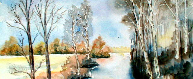 La rivière sous l'automnes - Aquarelle de J. Lavernhe