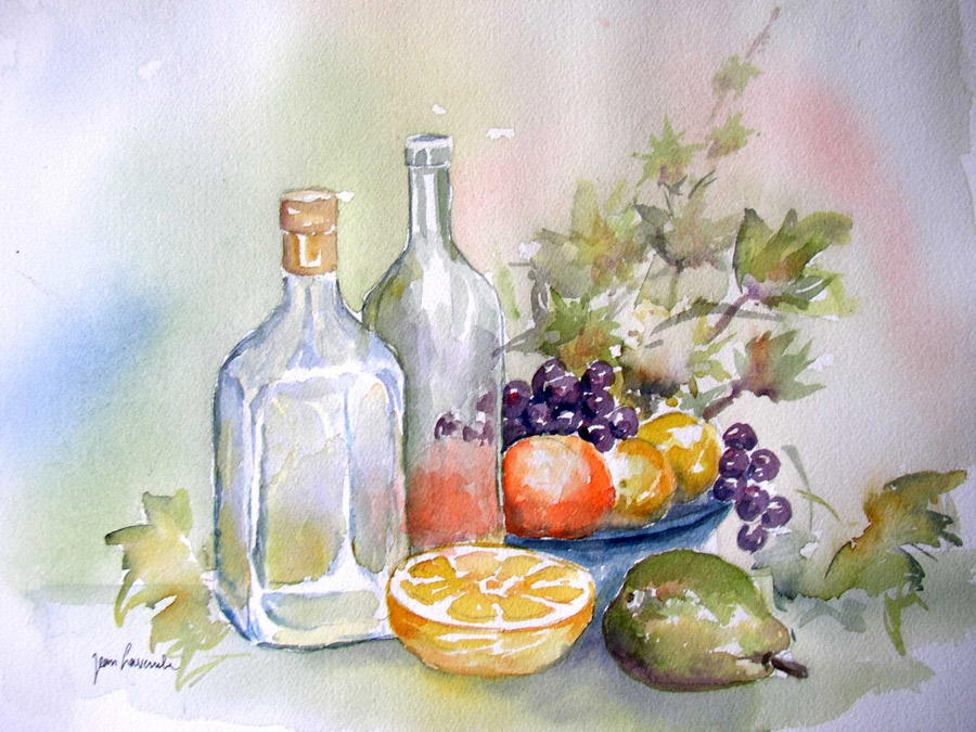 Fruits et flacons - Aquarelle de J. Lavernhe