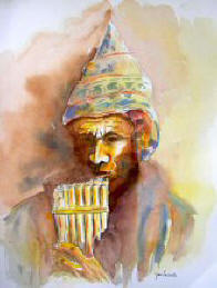 'Le joueur de fl�te' : Aquarelle de J. LAVERNHE. Autoproduction et auto-production.