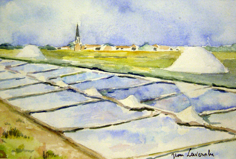 Les Marais salants d'Ars en Ré - Aquarelle de J. Lavernhe