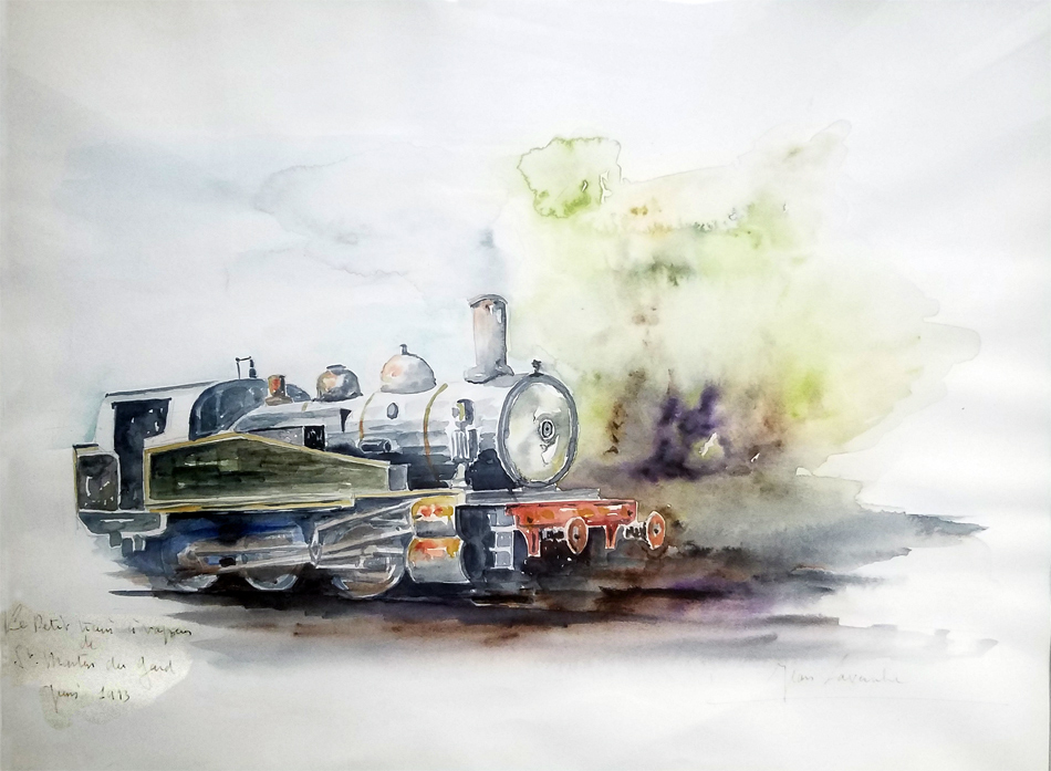 Le petit train à vapeur du Gard Le petit train à vapeur du Gard - Aquarelle de J. Lavernhe