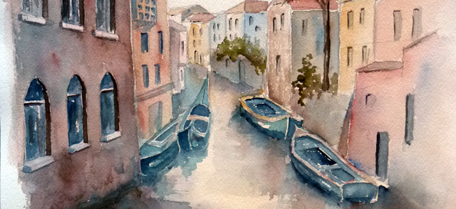 « Venise et ses canaux » - Aquarelle de J. LAVERNHE. Venise, aquarelle de J. LAVERNHE