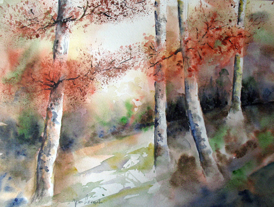 Bouleaux aux couleurs d'automne - Aquarelle de J. Lavernhe