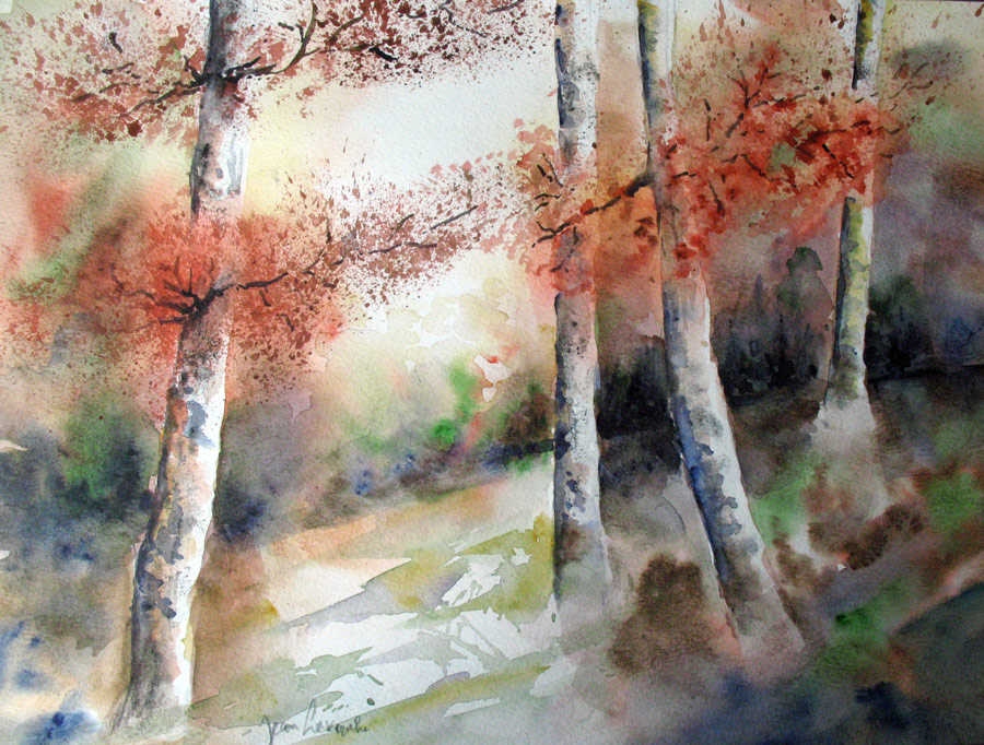 Bouleaux aux couleurs d'automne Bouleaux aux couleurs d'automne - Aquarelle de J. Lavernhe