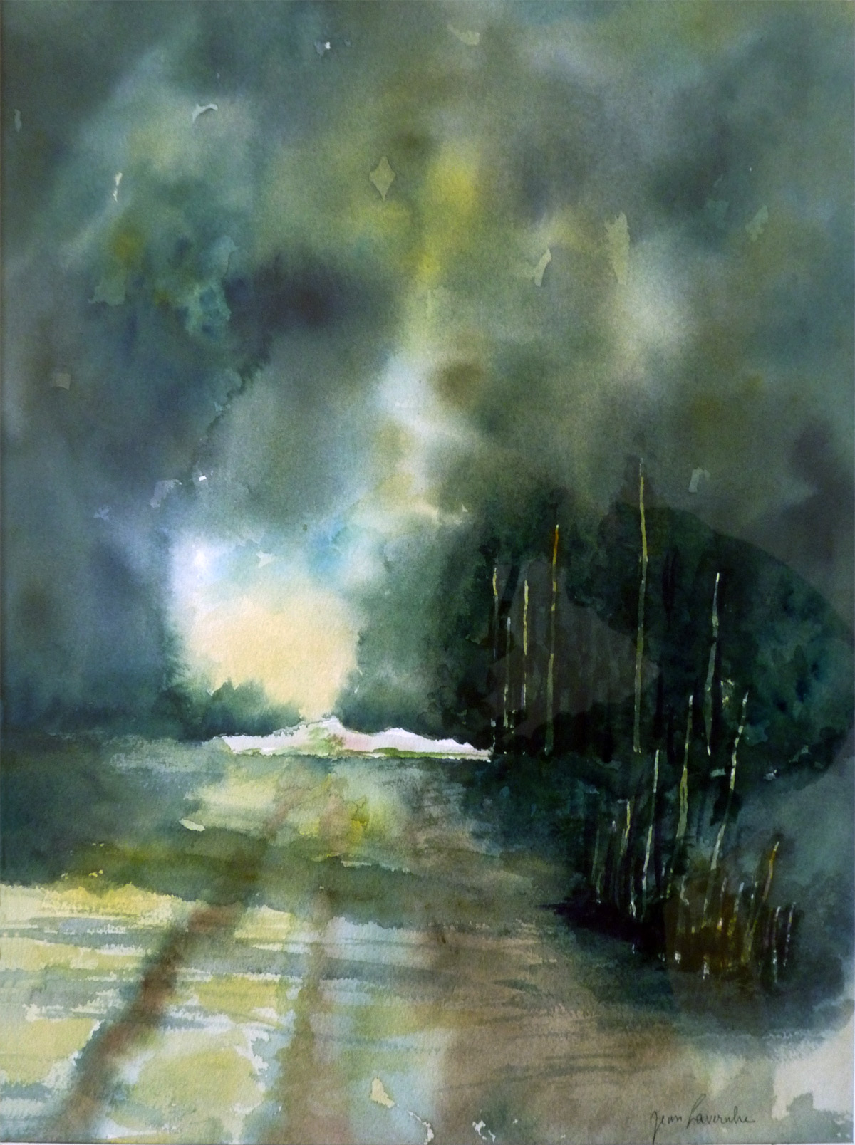 Sous le ciel déchiré - Aquarelle de Jean Lavernhe Sur une plage du Pacifique