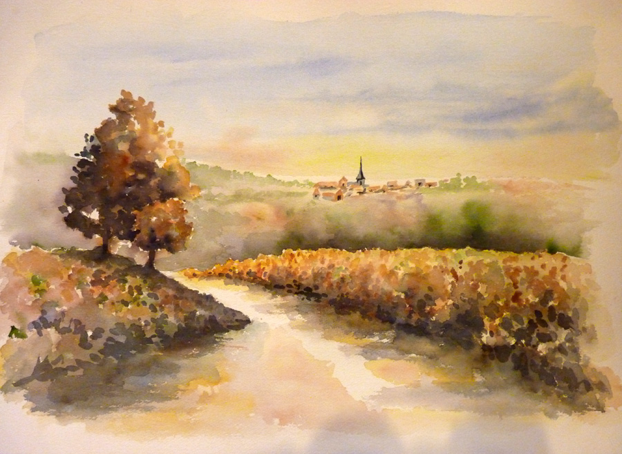 Le clocher et son village Le clocher et son village - Aquarelle de J. Lavernhe