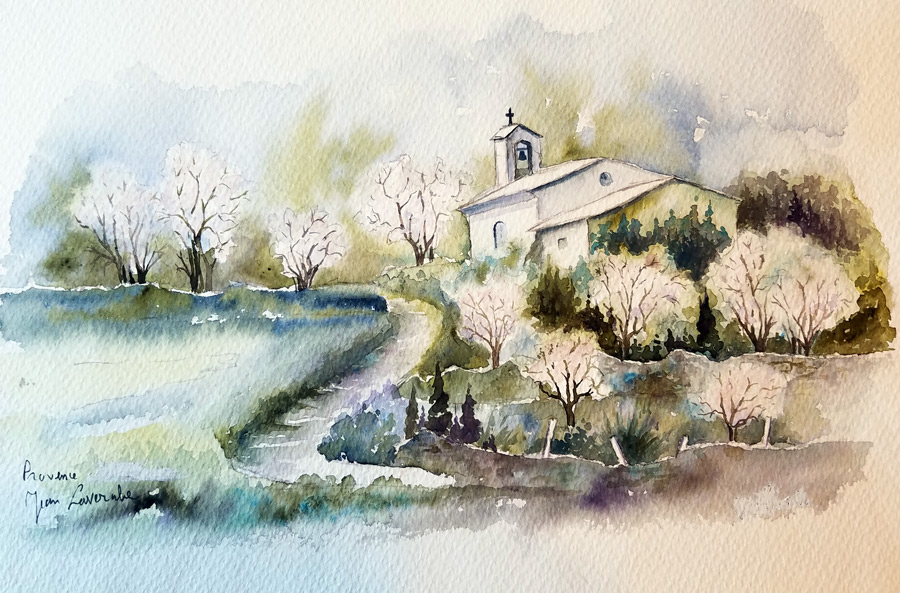 Chapelle provençale - Aquarelle de J. Lavernhe