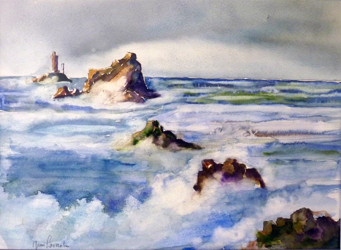 Phare et récifs - Aquarelle de J. Lavernhe