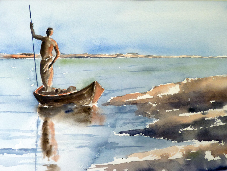 Traversée en pirogue - Aquarelle de J. Lavernhe