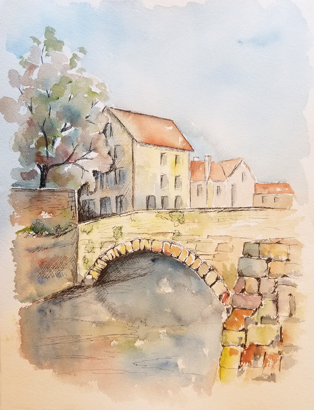 Le pont romain Le pont romain - Aquarelle de J. Lavernhe