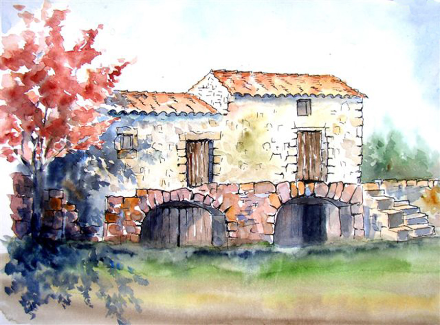 Vieilles pierres au village de Chalus - Aquarelle de J. Lavernhe