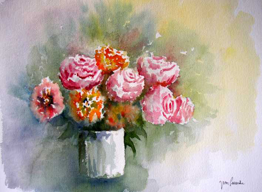 Le bouquet de pivoines - Aquarelle de Jean LAVERNHE