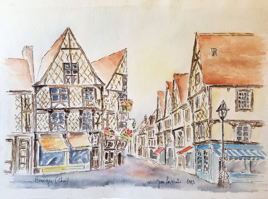 Bourges vieille ville (Cher) - Aquarelle de Jean LAVERNHE Bourges vieille ville (Cher)