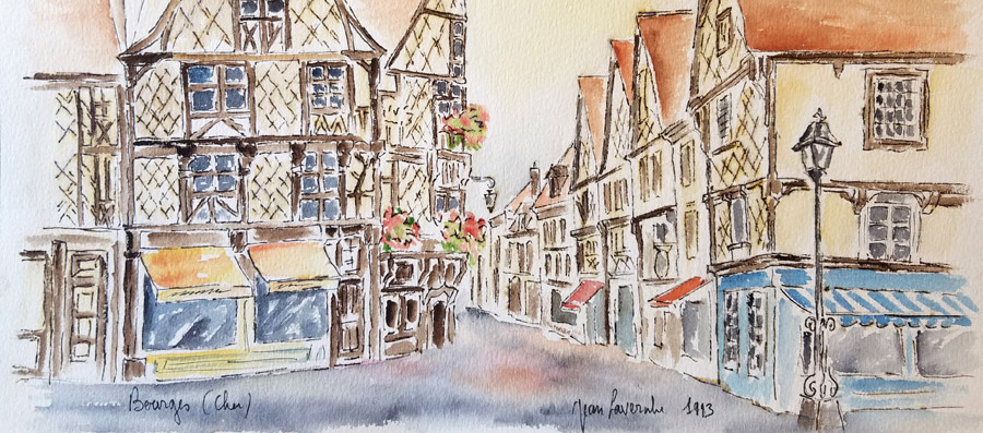 Bourges, la vieille ville   - Aquarelle de J. Lavernhe