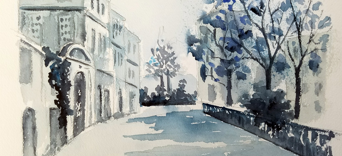 Déambulation - Aquarelle de Jean Lavernhe