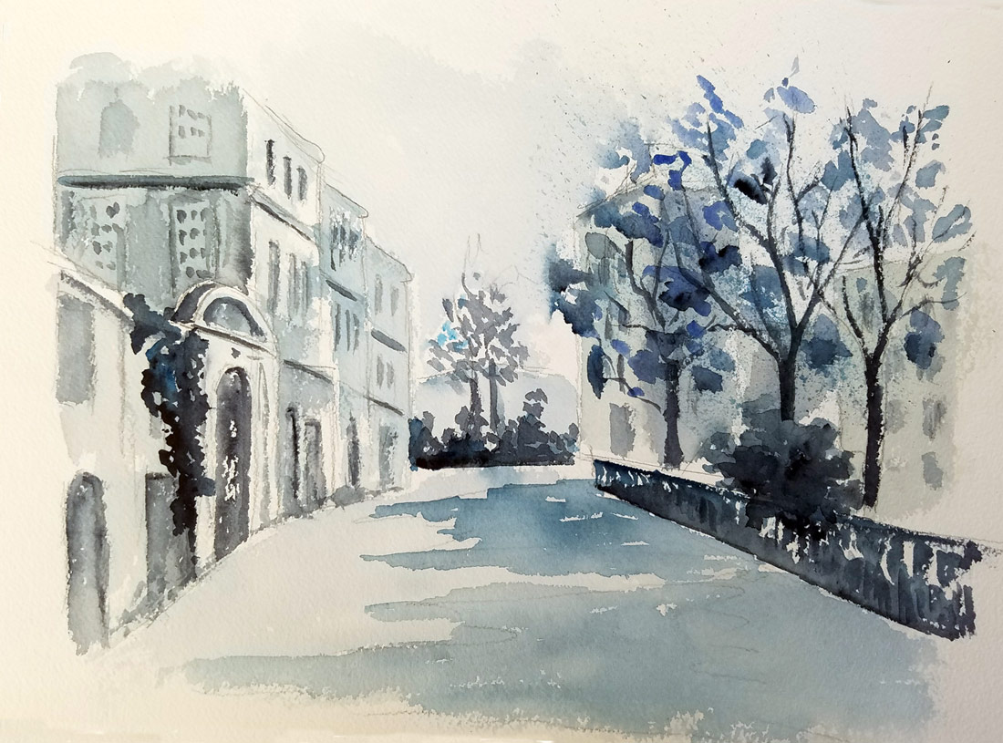 Déambulation - Aquarelle de J. Lavernhe Déambulation